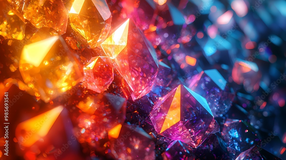 A vibrant, close-up view of colorful crystals, reflecting light in hues of orange, blue, and purple, creating an ethereal and sparkling visual effect. A vibrant, close-up view of colorful crystals, reflecting light in hues of orange, blue, and purple, creating an ethereal and sparkling visual effect.
