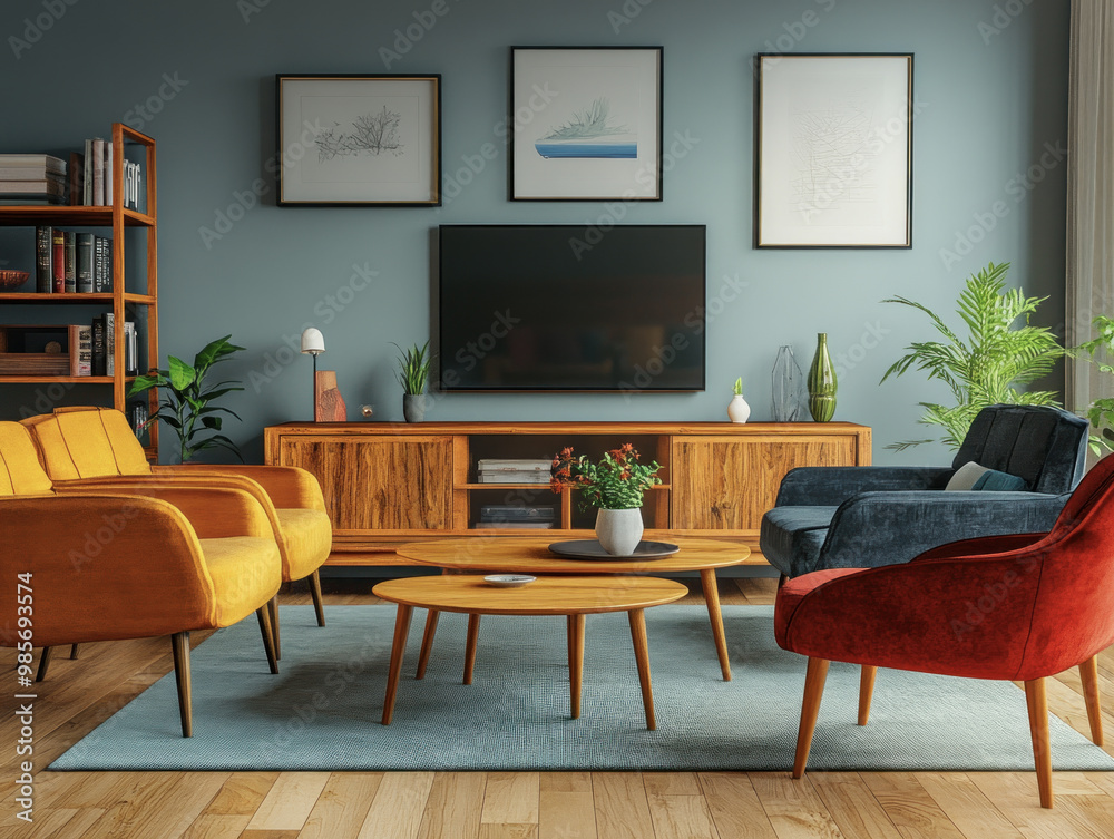 Colorful Mid-Century Modern Living Room with Bold Accents Colorful Mid-Century Modern Living Room with Bold Accents