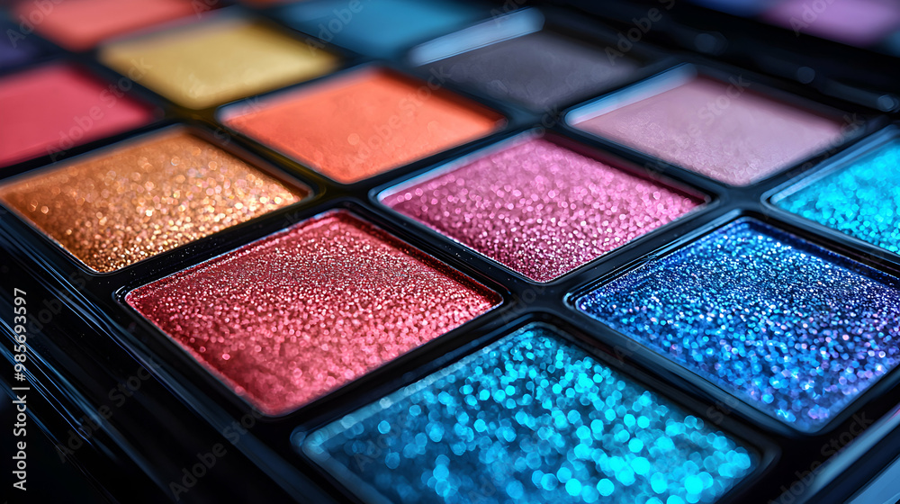 A vibrant display of eyeshadow palettes with multiple shades, arranged artistically on a reflective surface, capturing their richness and texture A vibrant display of eyeshadow palettes with multiple shades, arranged artistically on a reflective surface, capturing their richness and texture