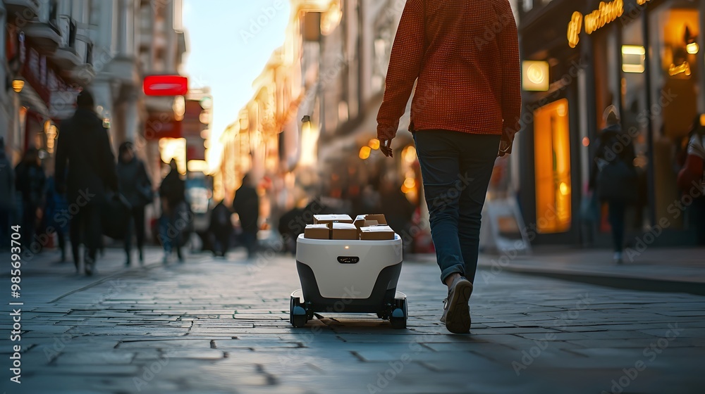 Obraz premium Autonomous Delivery Robot Navigating Urban Streets with Packages for Smart Logistics Solutions