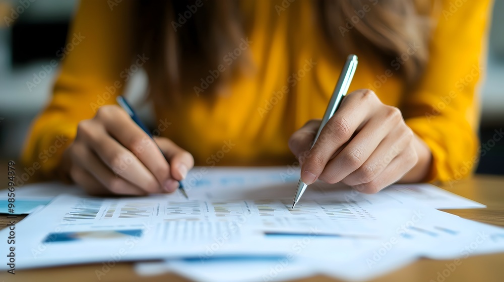 Businesswoman Reviewing Printed Report for Performance Evaluation