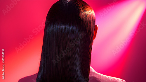 A woman with sleek, glossy hair shown from behind, as her hair shines under soft lighting, highlighting the health and vibrancy of her locks photo