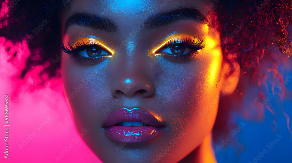 A model with bold, colorful makeup looks posing under neon lights, showcasing avant-garde beauty trends with vibrant colors and futuristic vibes A model with bold, colorful makeup looks posing under neon lights, showcasing avant-garde beauty trends with vibrant colors and futuristic vibes