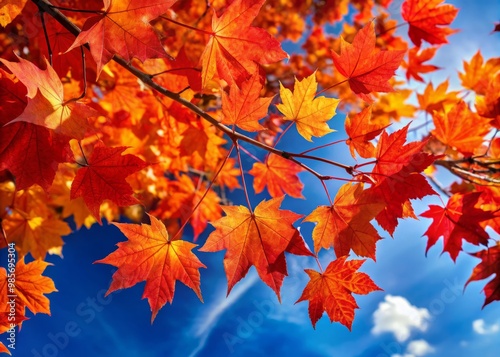 Golden hues of maple leaves dance against a brilliant blue sky, autumn's vibrant colors reigniting the senses with photo