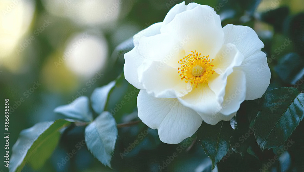 Obraz premium A large white rose with yellow hues, growing in the garden. Stock photo, full-body shot, with a shallow depth of field. Created with Ai