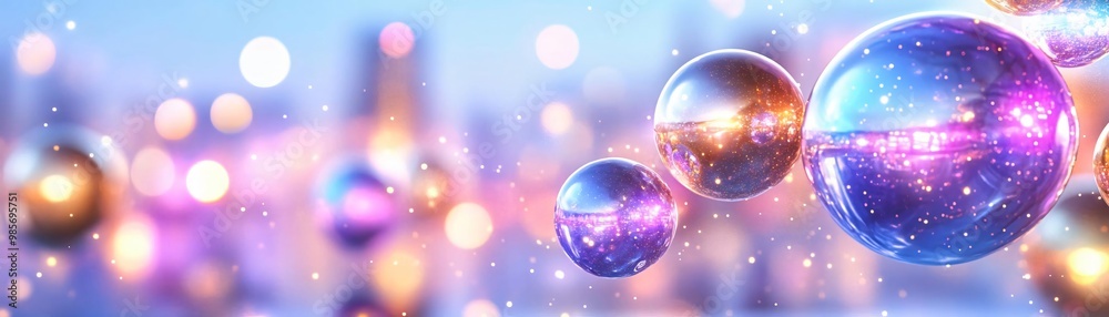 Obraz premium Stunning close-up of colorful bubbles reflecting light with a dreamy bokeh background, perfect for creative projects.