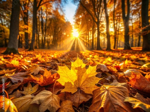 Golden light filters through autumn leaves, casting warm glow over the scene.