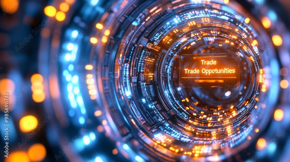 A futuristic digital tunnel representing trade opportunities with vibrant lights and intricate designs, symbolizing commerce and connection. A futuristic digital tunnel representing trade opportunities with vibrant lights and intricate designs, symbolizing commerce and connection.