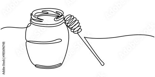 Continuous single line of glass pot full of honey and honey dipper in silhouette. Isolated on white background vector illustration, continuous line drawing of a honey jar with a dipper