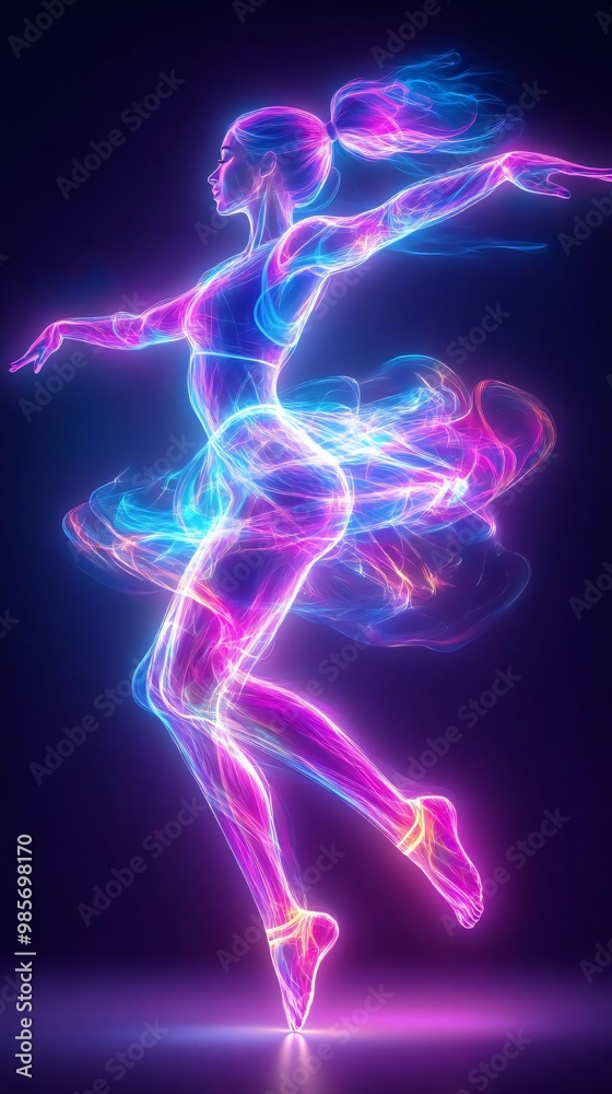 A vibrant, neon silhouette of a dancer, captivating movement in electrifying colors against a dark background. A vibrant, neon silhouette of a dancer, captivating movement in electrifying colors against a dark background.