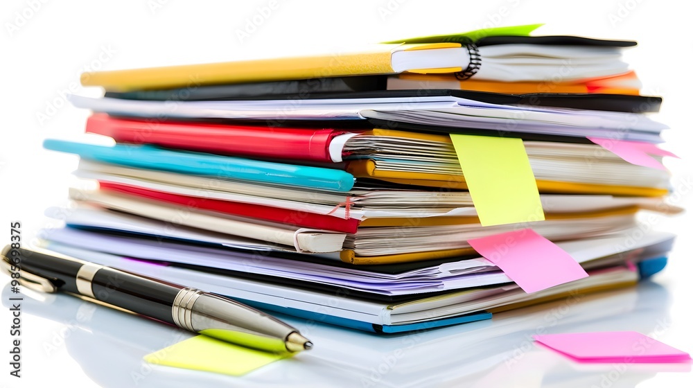Organized Stack of Client Files with Sticky Notes and Pen on White Background Organized Stack of Client Files with Sticky Notes and Pen on White Background