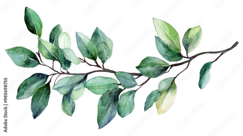 Artistic watercolor clipart of plant with green leaves on a detailed branch, plain white Artistic watercolor clipart of plant with green leaves on a detailed branch, plain white