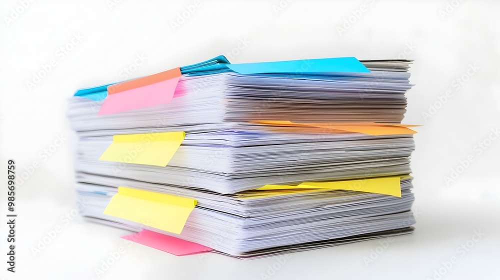 Organized Stack of Labeled Business Documents with Dividers on White Background Organized Stack of Labeled Business Documents with Dividers on White Background