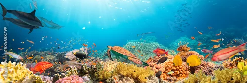 Panel kuchenny z motywem Underwater Tropical Corals Reef with colorful sea fish. Marine life sea world. Tropical colourful underwater seascape.
