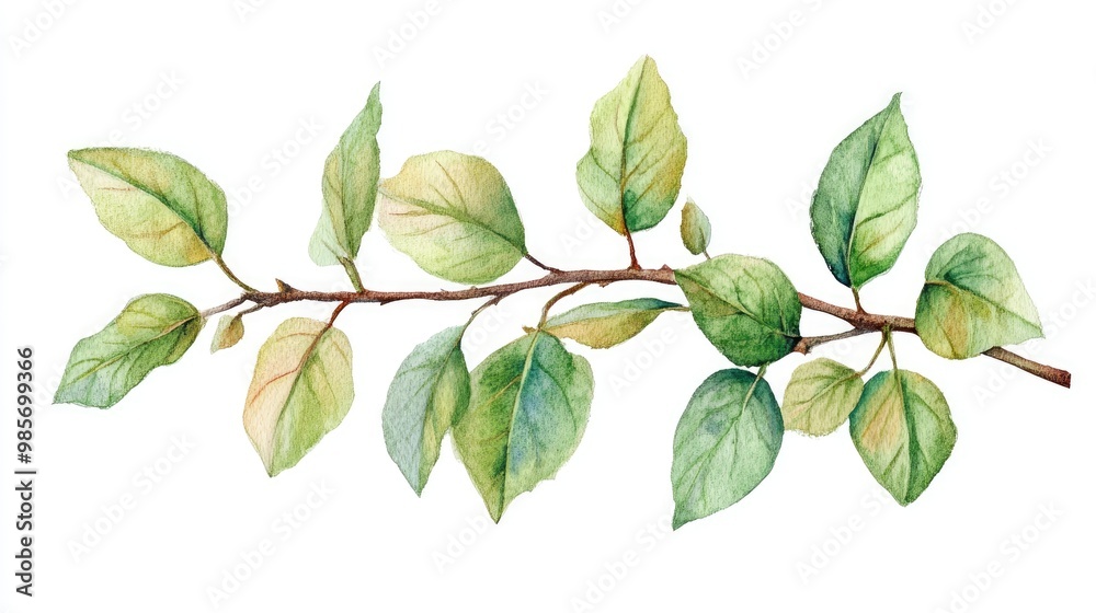 Botanical watercolor illustration of plant leaves at end of branch, isolated white