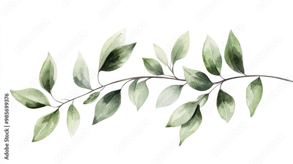 Botanical watercolor illustration of fresh green leaves on a branch, minimalist white Botanical watercolor illustration of fresh green leaves on a branch, minimalist white