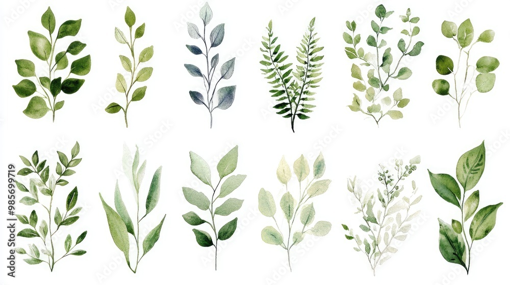 Creative set of watercolor foliage plants, each cut out with thin frames for seamless integration into designs, set against a bright white backdrop Creative set of watercolor foliage plants, each cut out with thin frames for seamless integration into designs, set against a bright white backdrop