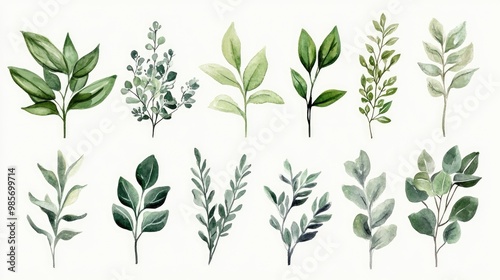Wallpaper Mural Colorful watercolor illustrations of different foliage plants in thin frames, designed for flexible use against an infinite dawn on white Torontodigital.ca