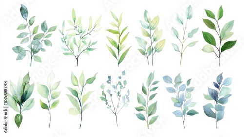 Wallpaper Mural Creative set of watercolor foliage plants, each cut out with thin frames for seamless integration into designs, set against a bright white backdrop Torontodigital.ca