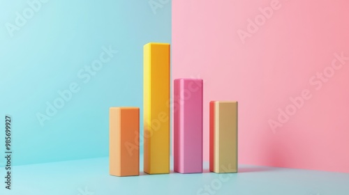 A colorful bar graph with orange, yellow, pink, and beige bars on a blue and pink background.