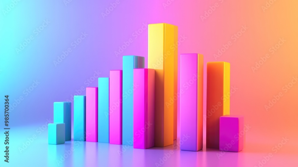 Colorful 3D bar chart in neon lighting on gradient background. Colorful 3D bar chart in neon lighting on gradient background.