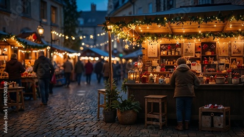 Wallpaper Mural Cozy Christmas market with warm glowing stalls and festive decorations in charming European street Torontodigital.ca