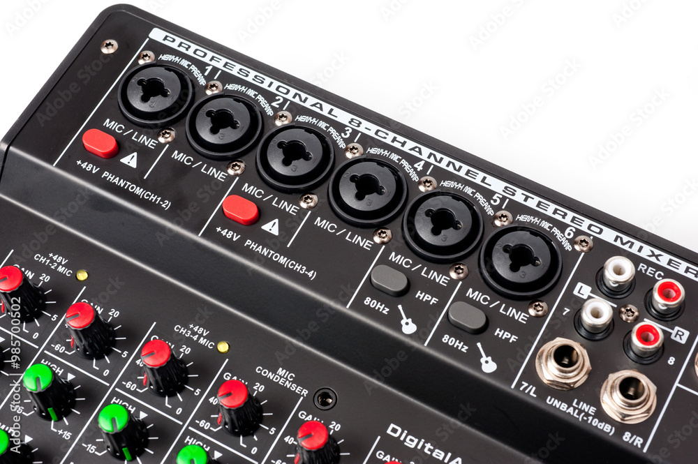 8-channel mixing console for connecting microphones and musical instruments. 8-channel mixing console for connecting microphones and musical instruments.