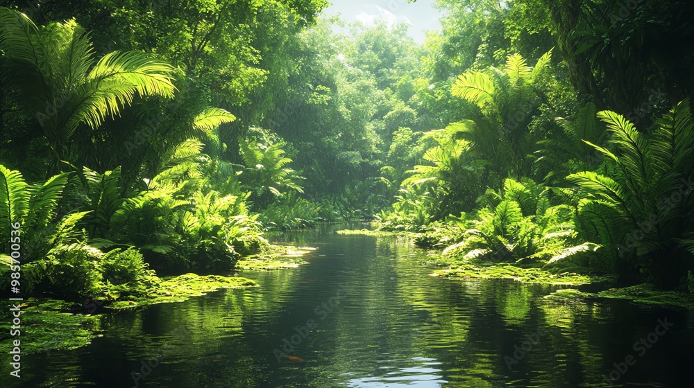 Tranquil Jungle Stream with Lush Greenery. Tranquil Jungle Stream with Lush Greenery.