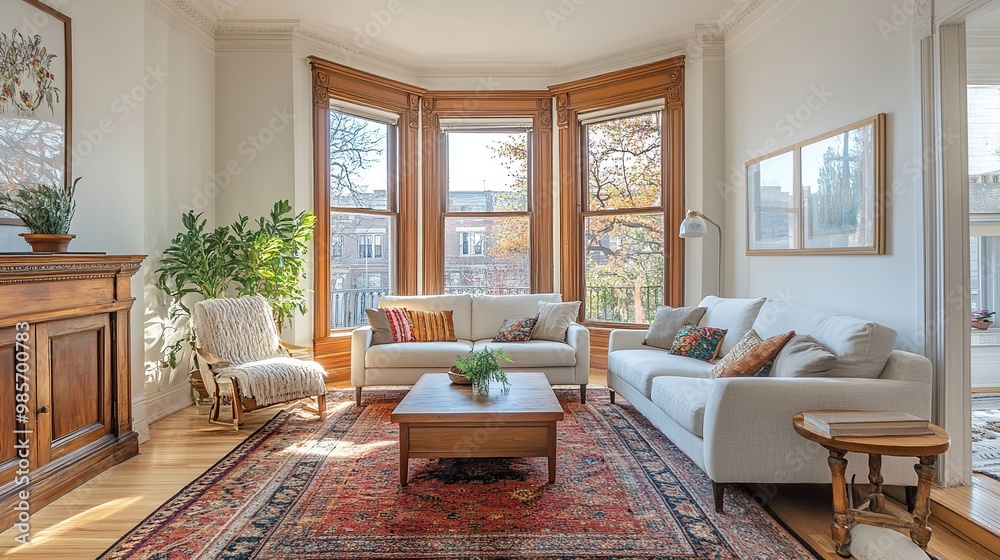 Fototapeta premium Spacious Living Room with Bay Window and Elegant Decor. Generate Ai Image