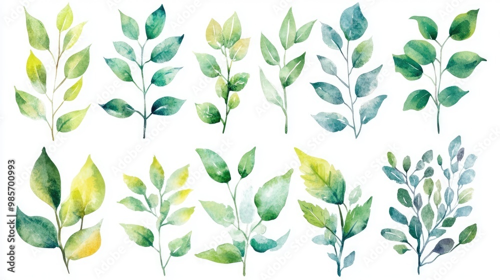 Vibrant watercolor set of various foliage plants with thin frames, perfect for collage designs, against a bright white background Vibrant watercolor set of various foliage plants with thin frames, perfect for collage designs, against a bright white background