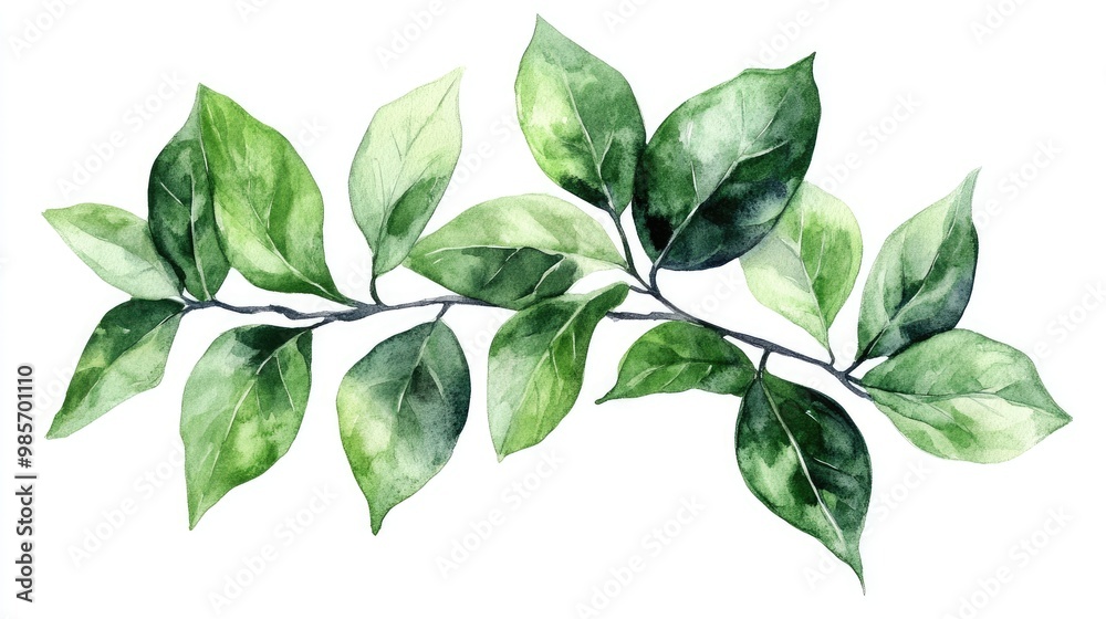 Watercolor botanical clipart showcasing lush green leaves on branch, white background Watercolor botanical clipart showcasing lush green leaves on branch, white background