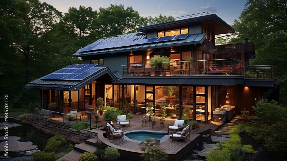 Solar panels integrated into the roof of a modern eco-friendly home Solar panels integrated into the roof of a modern eco-friendly home