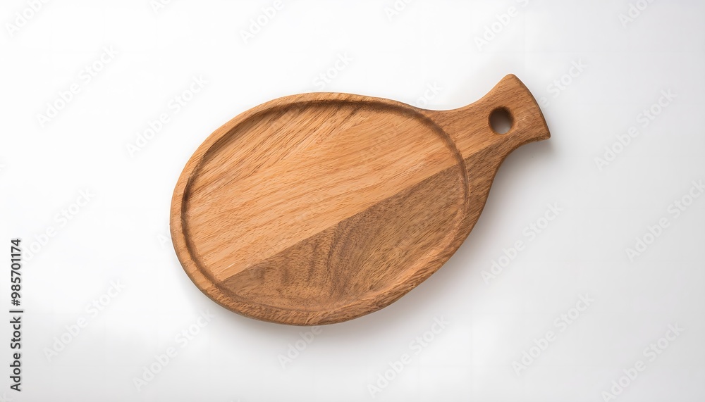 A rustic wooden cutting board placed on a white table, isolated with minimal decoration A rustic wooden cutting board placed on a white table, isolated with minimal decoration