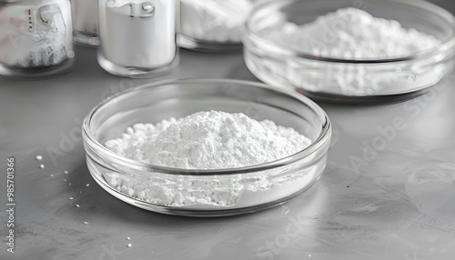 Petri dishes with calcium carbonate powder on grey table, closeup