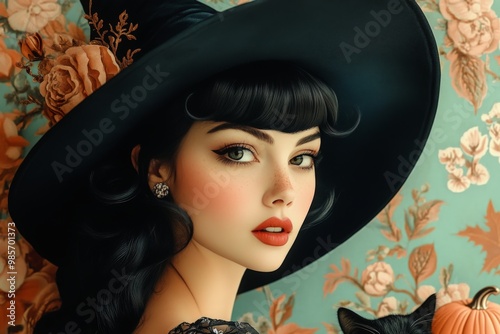 A detailed 3D clip art of a retro-style witch from the 50s, featuring black hair, a classic hat, and a black cat. The image is complemented by floral patterns and Halloween pumpkins, set against a