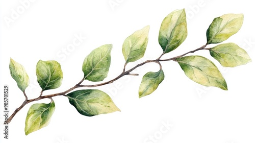 Watercolor clipart of botanical leaves on a branch, isolated white