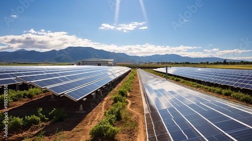 A community solar farm with panels arranged in neat rows photo