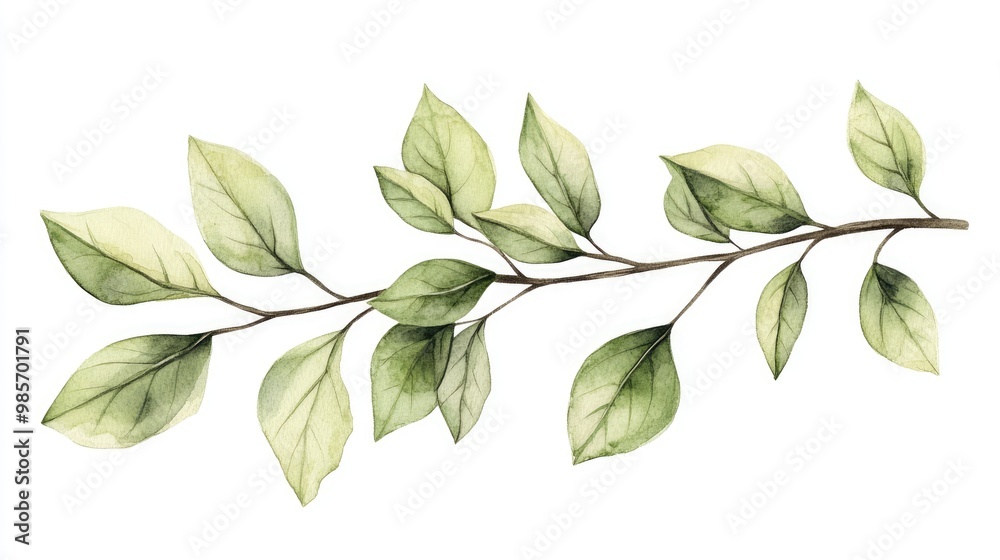 Watercolor clipart showcasing artistic botanical leaves on a branch, white Watercolor clipart showcasing artistic botanical leaves on a branch, white