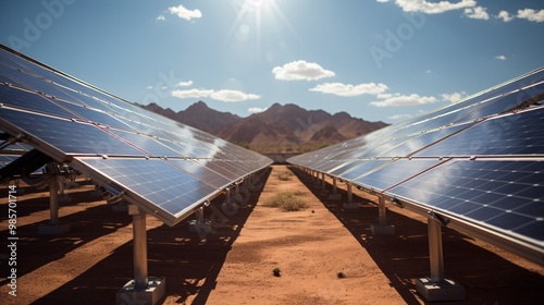 Solar panels in a desert landscape, harnessing the power of the sun photo