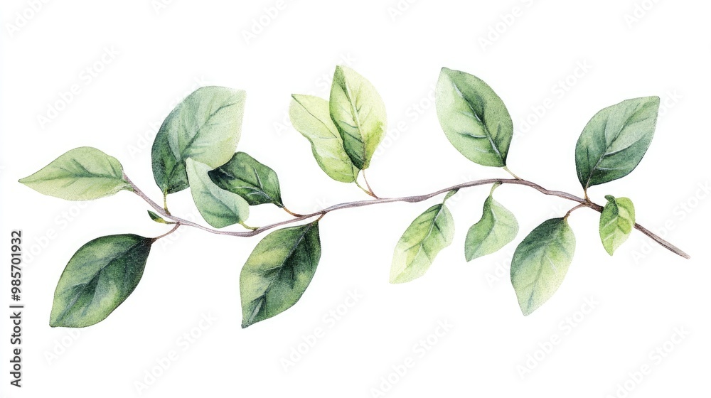 Watercolor clipart showcasing botanical leaves on a branch, white Watercolor clipart showcasing botanical leaves on a branch, white