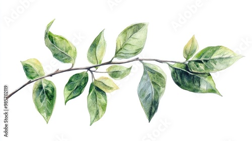 Watercolor painting of botanical foliage on a branch, isolated white