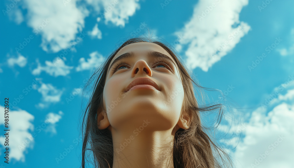 Young woman looking up at blue sky with cloudy background - low angle view of peaceful expression in nature. Young woman looking up at blue sky with cloudy background - low angle view of peaceful expression in nature.