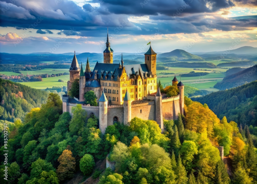 Impressive German castle sits atop a hill, its towers and battlements radiating a sense of medieval grandeur amidst Impressive German castle sits atop a hill, its towers and battlements radiating a sense of medieval grandeur amidst