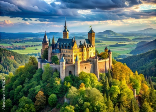 Impressive German castle sits atop a hill, its towers and battlements radiating a sense of medieval grandeur amidst photo