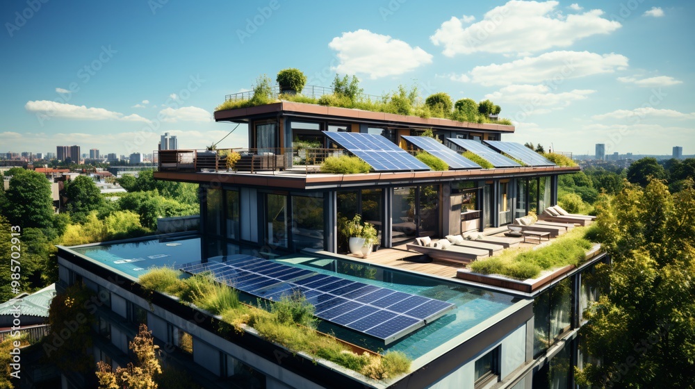 A solar panel installation on the roof of a modern eco-hotel A solar panel installation on the roof of a modern eco-hotel