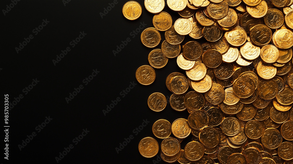 A pile of gold coins on a black background. The coins are shiny and appear to be valuable A pile of gold coins on a black background. The coins are shiny and appear to be valuable