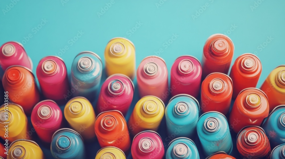 Several spray paint cans seen from a low viewpoint on a light blue background Several spray paint cans seen from a low viewpoint on a light blue background