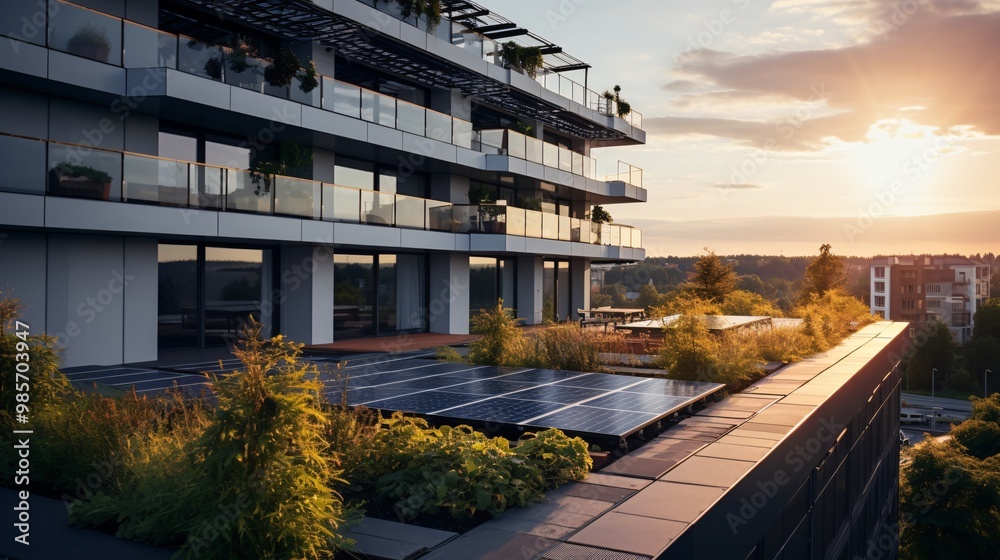 Solar panels on an apartment building, enhancing urban green energy usage Solar panels on an apartment building, enhancing urban green energy usage