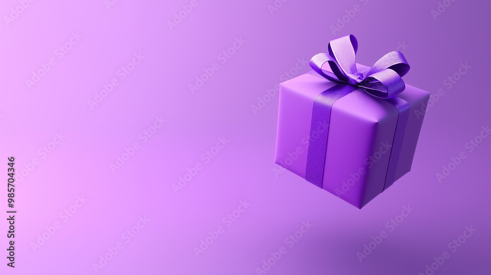Fototapeta premium A purple box with a bow on top is floating in the air. The box is the center of attention, and the purple background adds a bright and cheerful mood to the image.
