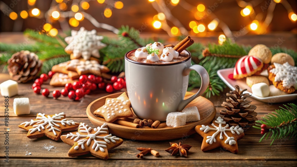 A cozy scene of a hot chocolate mug with Christmas cookies and marshmallow A cozy scene of a hot chocolate mug with Christmas cookies and marshmallow